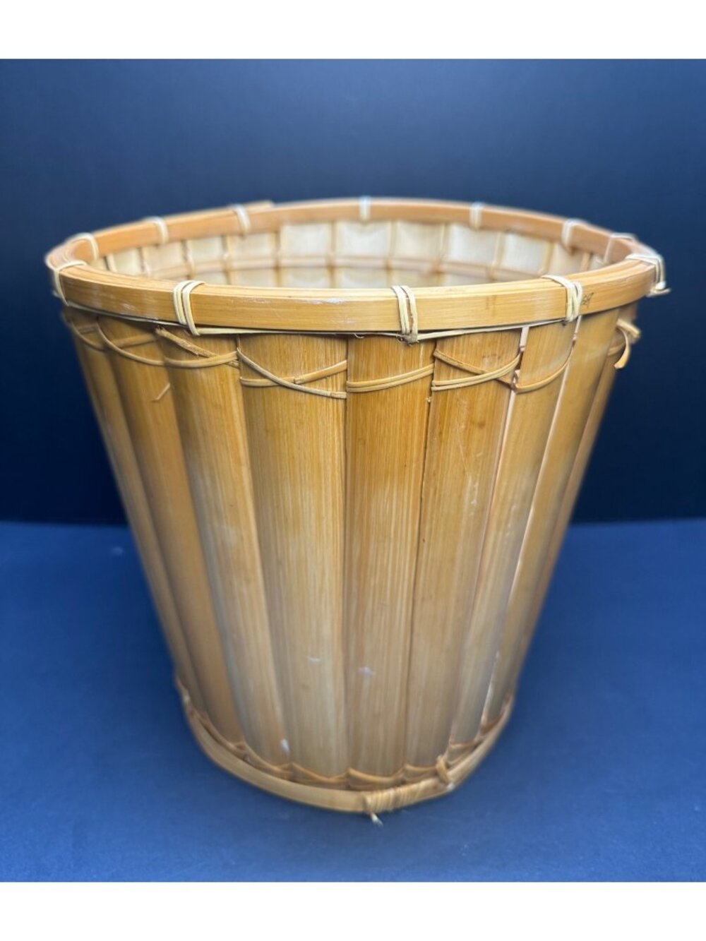Vtg Bamboo Trash Can Basket Planter Round Home Decor Boho 9.25" Tall 9.5" DIA